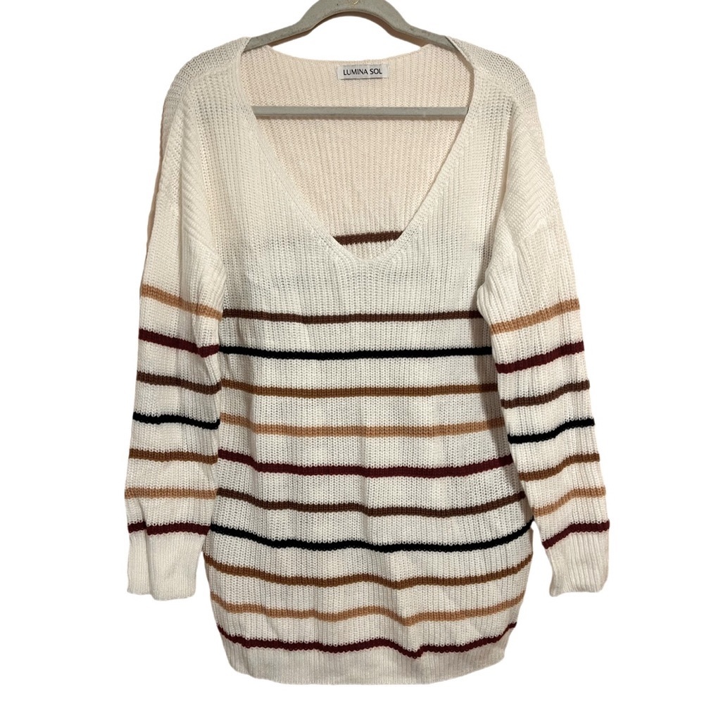 Striped V-Neck Sweater - White, Red, Black, Gold - Picture 2 of 4